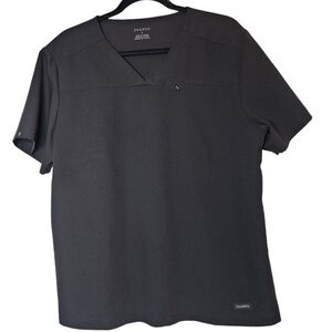 Jaanuu black scrub top. 1 zip chest pocket.  Short sleeve v-neck. Women's size L